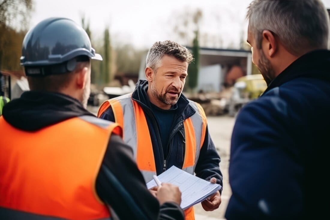 A team of professional builders at a construction site.
